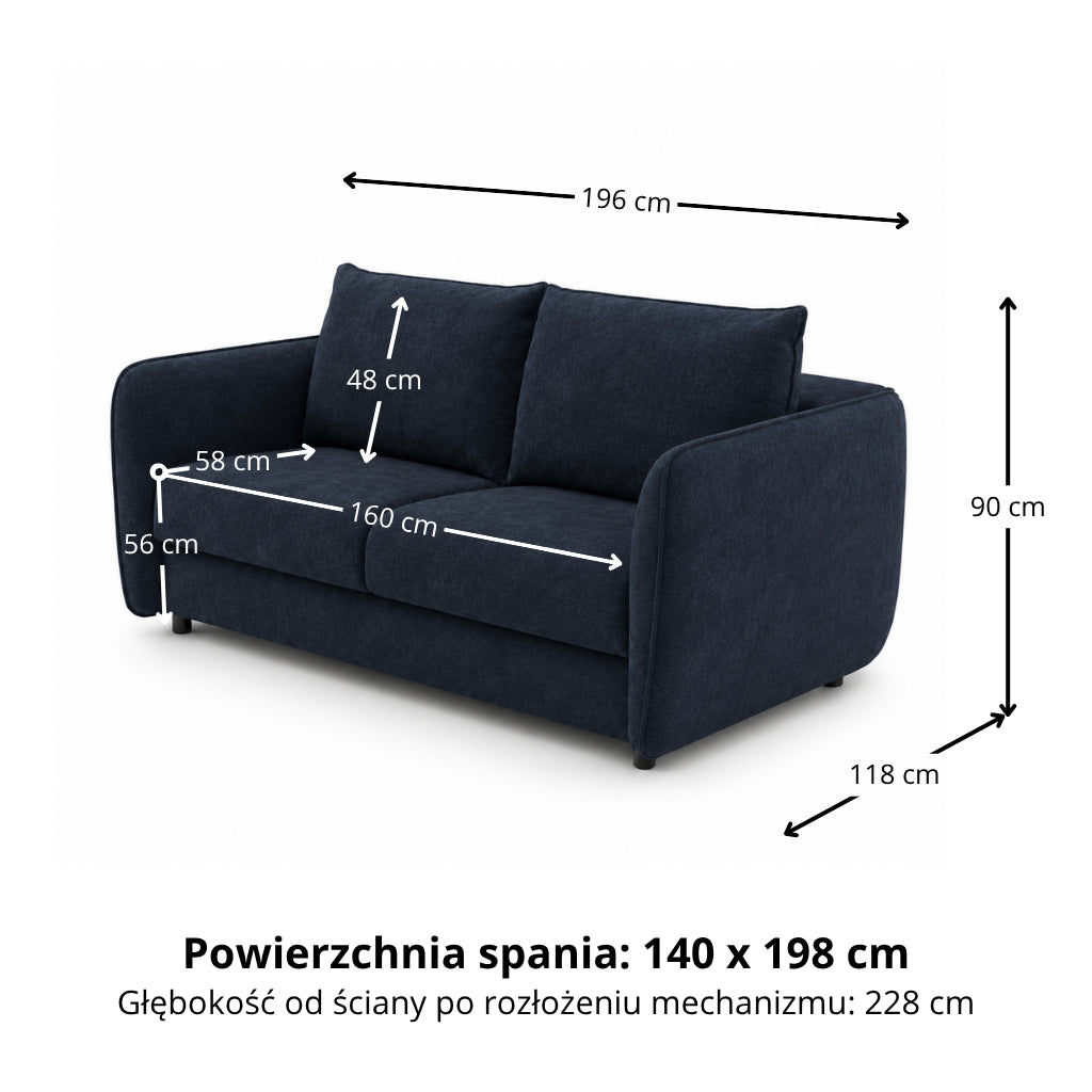 Sofa BAMBI 2,5 osobowa z funkcją spania stelaż włoski PRO z materacem 140 cm i pojemnikiem