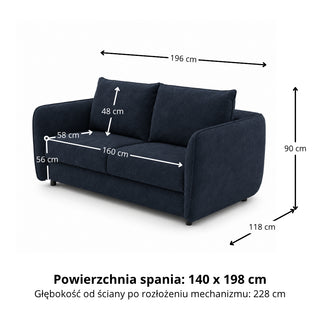 Sofa BAMBI 2,5 osobowa z funkcją spania stelaż włoski PRO z materacem 140 cm i pojemnikiem