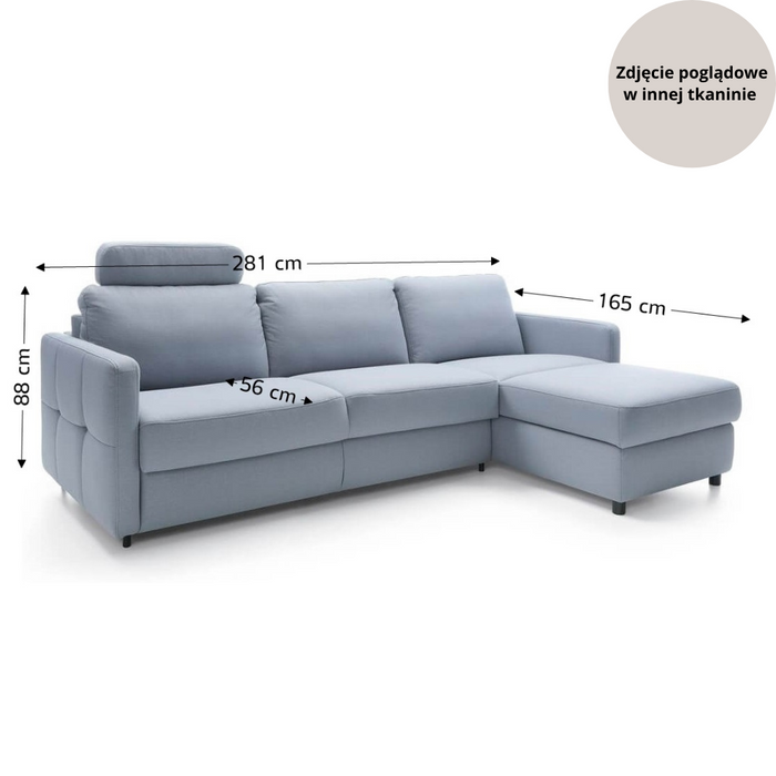 EMA corner sofa with daily sleeping function, Italian PRO frame with a 140 cm mattress and a bedding container