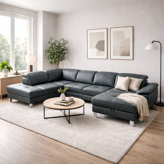 Narożnik U-kształtny skórzany MANTUA rozkładany z regulowanymi zagłówkami i pojemnikiem