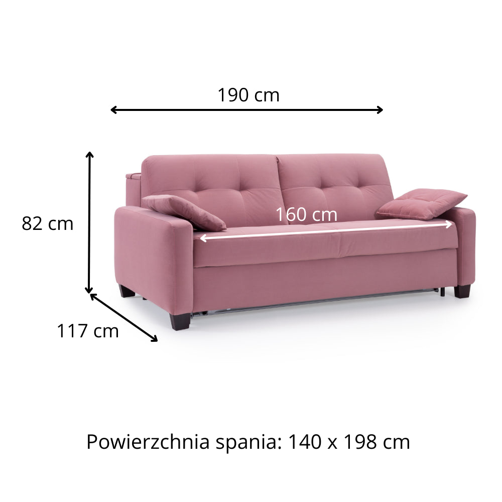 Sofa AURA 2,5 osobowa z funkcją spania codziennego stelaż włoski z materacem 140 cm z pojemnikiem na drewnianych nóżkach