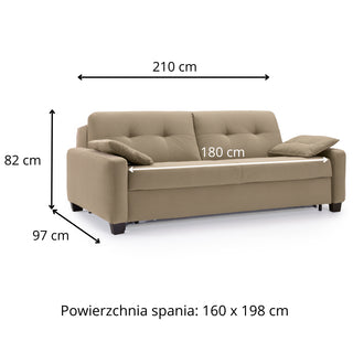 Sofa AURA 3 osobowa z funkcją spania codziennego stelaż włoski z materacem 160 cm na drewnianych nóżkach