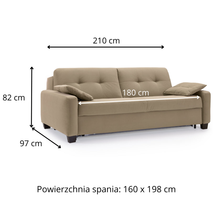 Sofa AURA 3 osobowa z funkcją spania codziennego stelaż włoski z materacem 160 cm na drewnianych nóżkach