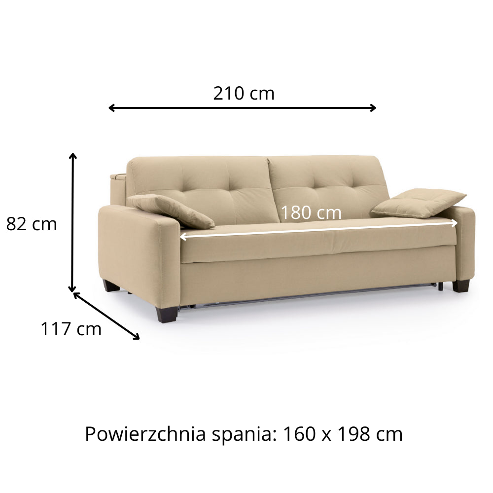 Sofa AURA 3 osobowa z funkcją spania codziennego stelaż włoski z materacem 160 cm z pojemnikiem na drewnianych nóżkach