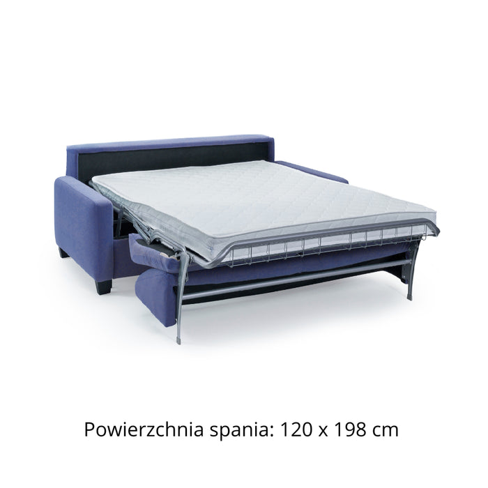 Sofa AURA 2 osobowa z funkcją spania codziennego stelaż włoski z materacem 120 cm na drewnianych nóżkach