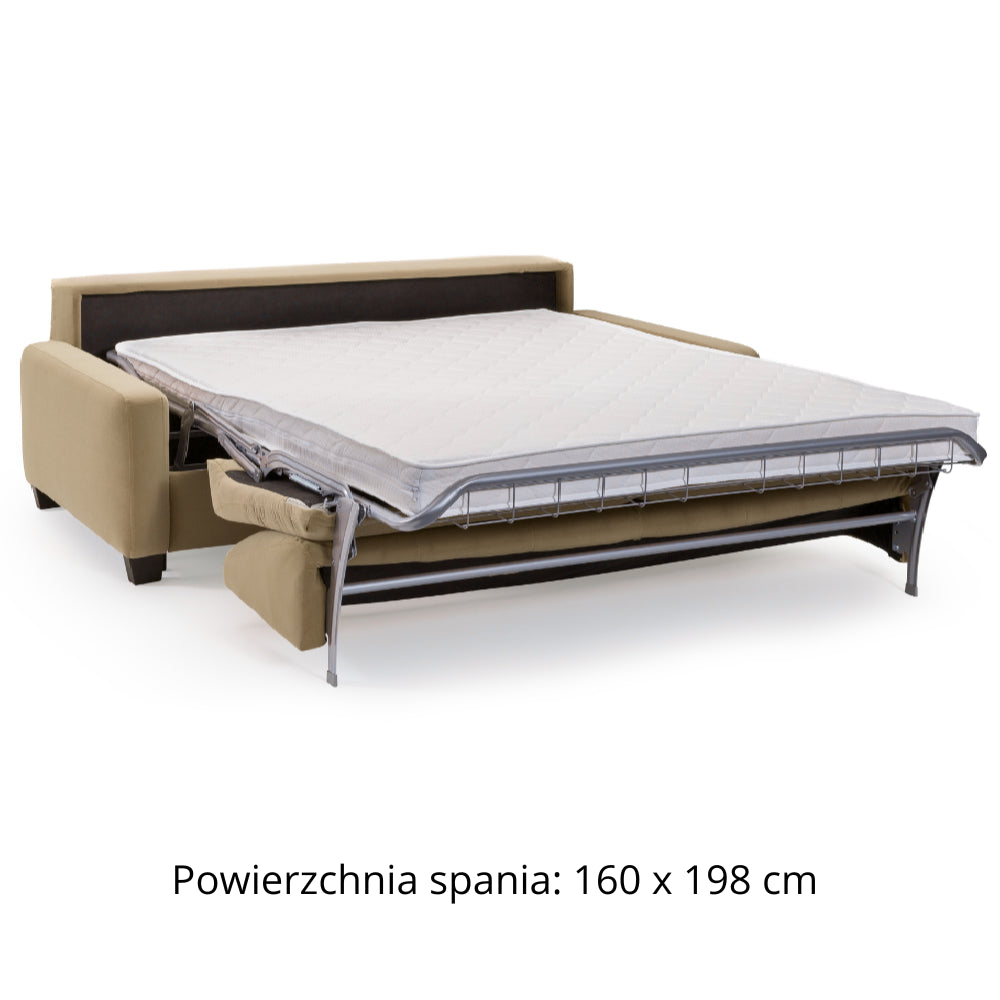Sofa AURA 3 osobowa z funkcją spania codziennego stelaż włoski z materacem 160 cm na drewnianych nóżkach