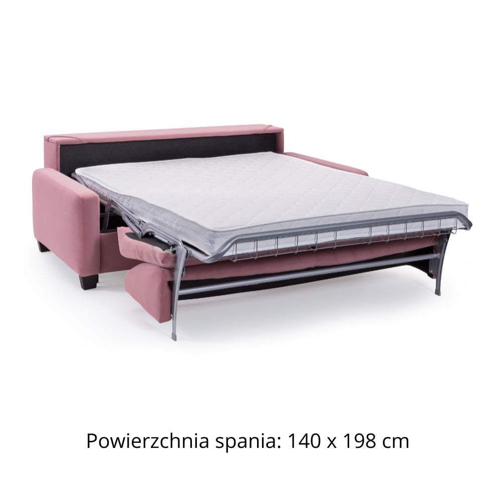 Sofa AURA 2,5 osobowa z funkcją spania codziennego stelaż włoski z materacem 140 cm z pojemnikiem na drewnianych nóżkach