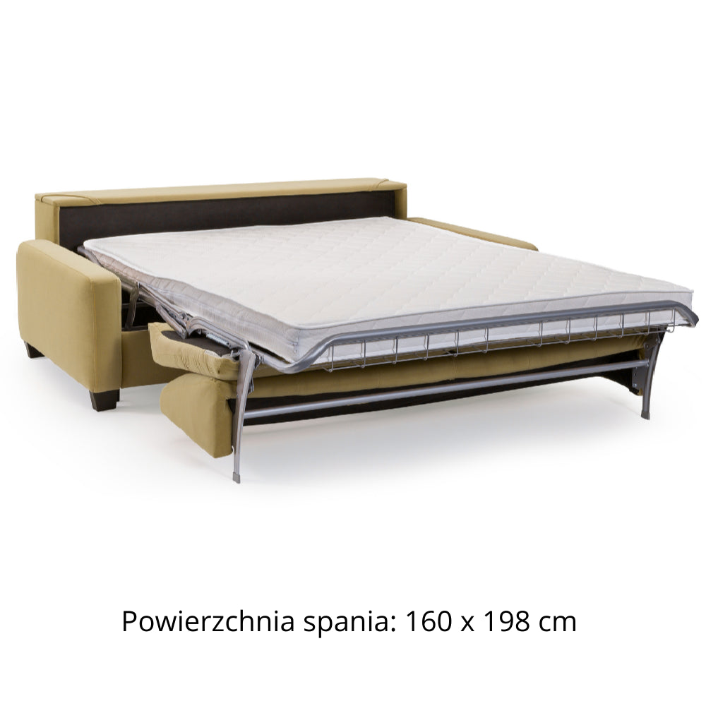 Sofa AURA 3 osobowa z funkcją spania codziennego stelaż włoski z materacem 160 cm z pojemnikiem na drewnianych nóżkach
