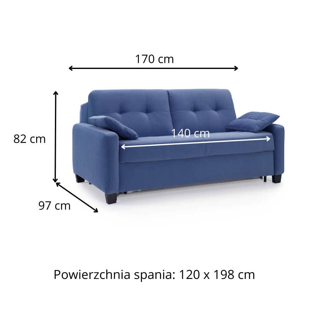 Sofa AURA 2 osobowa z funkcją spania codziennego stelaż włoski z materacem 120 cm na drewnianych nóżkach