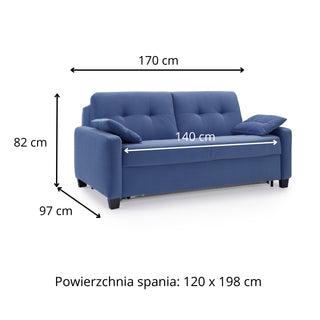 Sofa AURA 2 osobowa z funkcją spania codziennego stelaż włoski z materacem 120 cm na drewnianych nóżkach