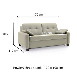 Sofa AURA 2 osobowa z funkcją spania codziennego stelaż włoski z materacem 120 cm z pojemnikiem na drewnianych nóżkach