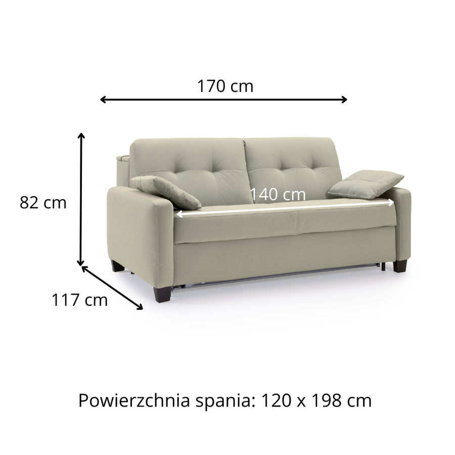 Sofa AURA 2 osobowa z funkcją spania codziennego stelaż włoski z materacem 120 cm z pojemnikiem na drewnianych nóżkach