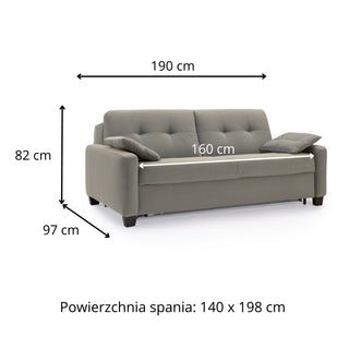 Sofa AURA 2,5 osobowa z funkcją spania codziennego stelaż włoski z materacem 140 cm na drewnianych nóżkach