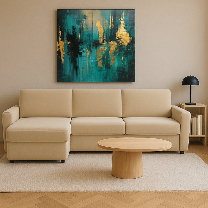 Narożnik DOLLY z funkcją spania codziennego stelaż włoski z materacem 140 cm i pojemnikiem na pościel prawostronny