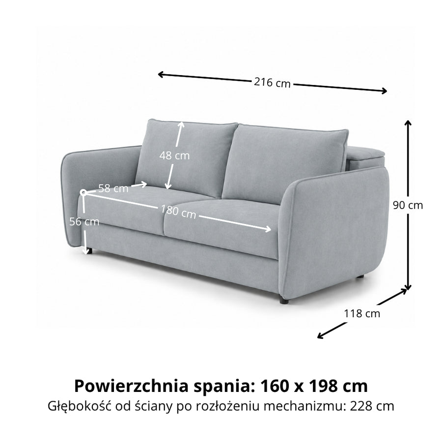 Sofa BAMBI 3 osobowa z funkcją spania stelaż włoski PRO z materacem 160 cm i pojemnikiem