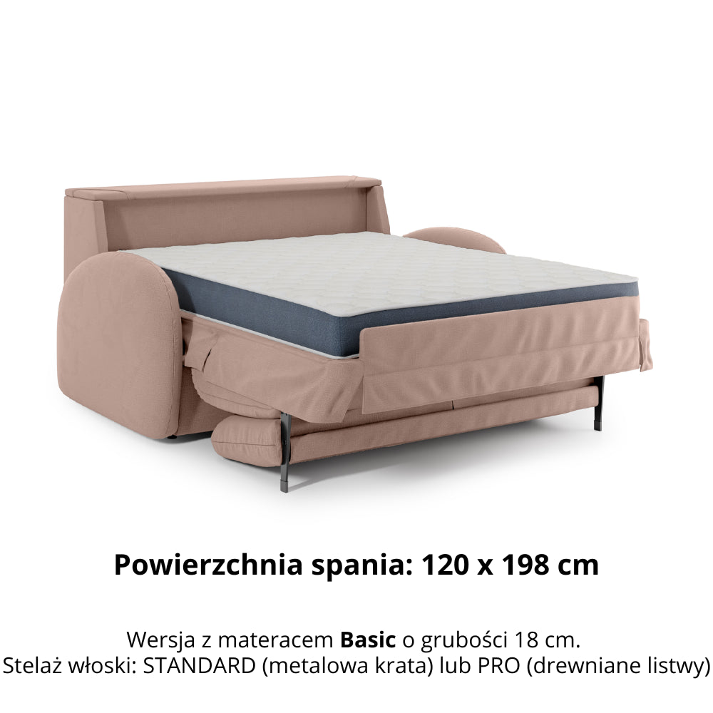 Sofa BELLA 2 osobowa z funkcją spania stelaż włoski z materacem 120 cm i pojemnikiem