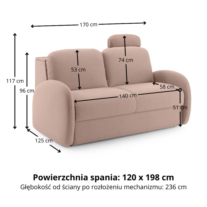 Sofa BELLA 2 osobowa z funkcją spania stelaż włoski z materacem 120 cm i pojemnikiem