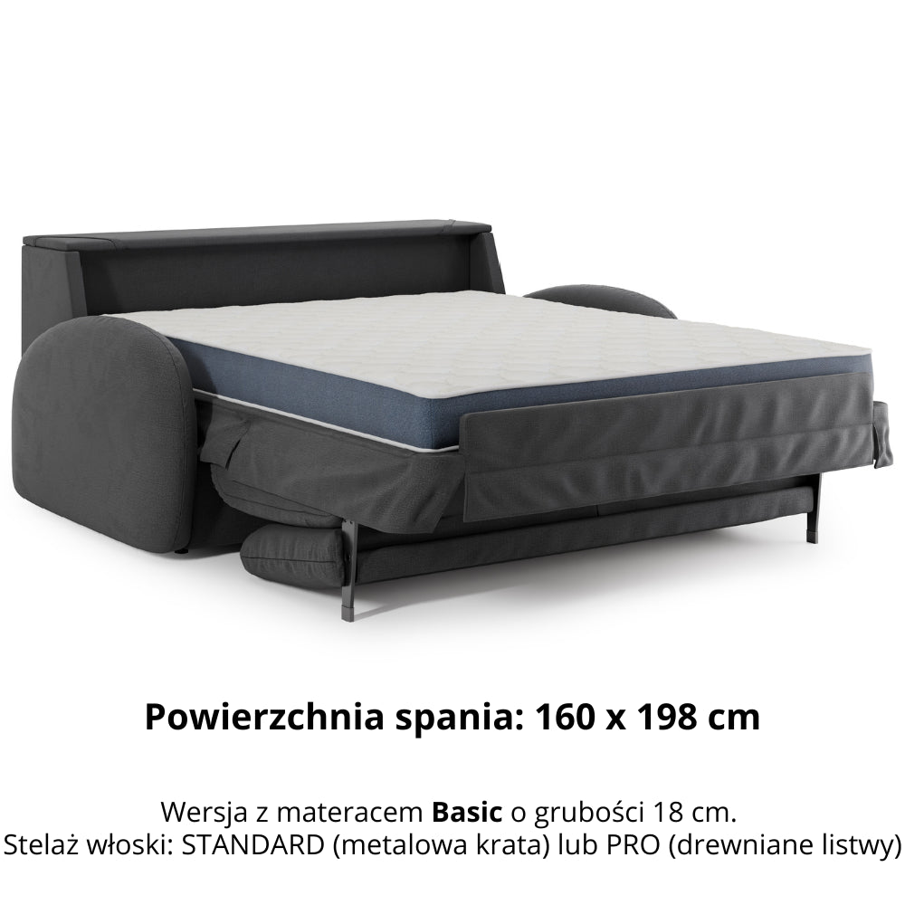 Sofa BELLA 3 osobowa z funkcją spania stelaż włoski z materacem 160 cm i pojemnikiem
