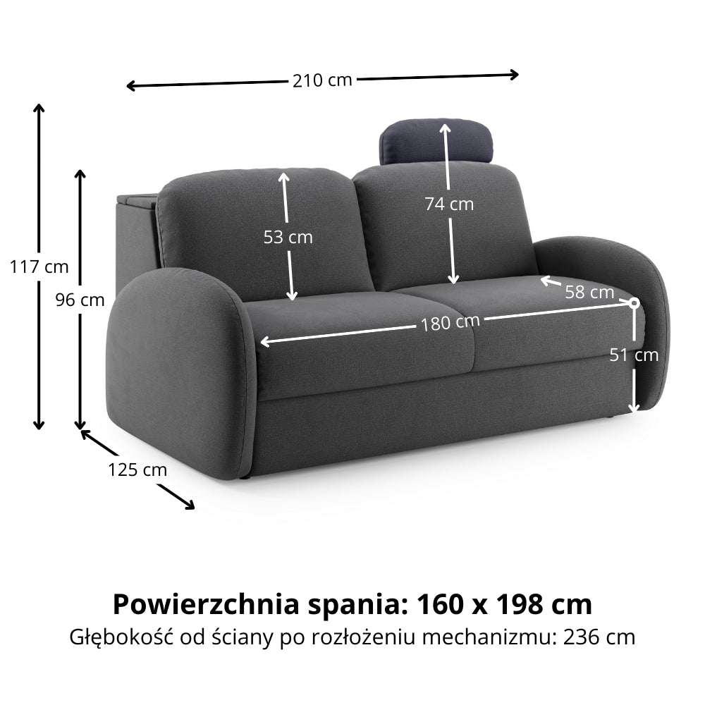 Sofa BELLA 3 osobowa z funkcją spania stelaż włoski z materacem 160 cm i pojemnikiem
