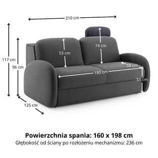 Sofa BELLA 3 osobowa z funkcją spania stelaż włoski z materacem 160 cm i pojemnikiem
