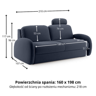 Sofa BELLA 3 osobowa z funkcją spania stelaż włoski z materacem 160 cm