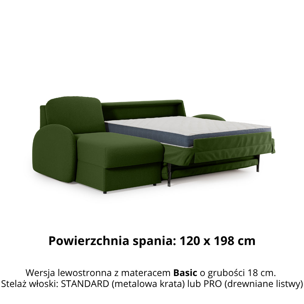Narożnik BELLA z funkcją spania codziennego stelaż włoski z materacem 120cm i pojemnikiem na pościel lewostronny