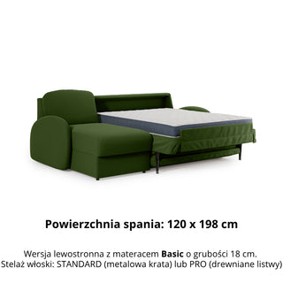 Narożnik BELLA z funkcją spania codziennego stelaż włoski z materacem 120cm i pojemnikiem na pościel lewostronny