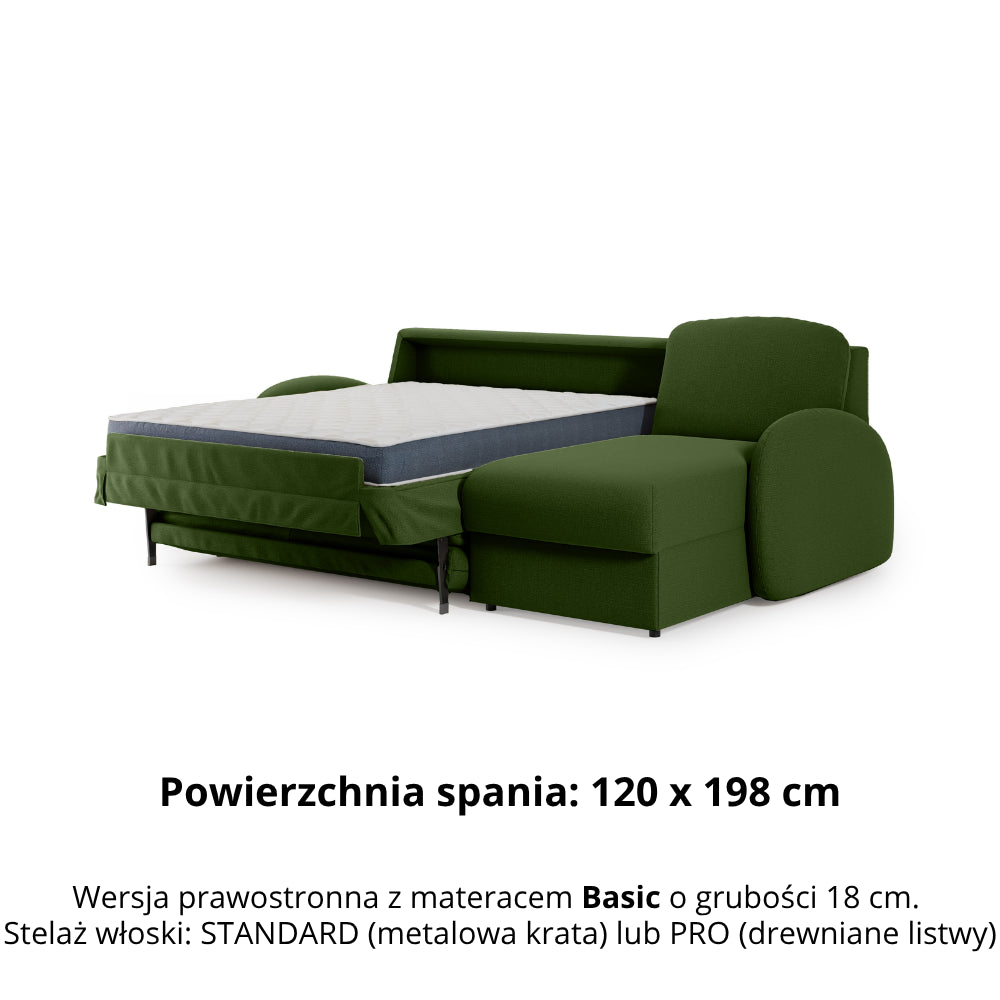 Narożnik BELLA z funkcją spania codziennego stelaż włoski z materacem 120cm i pojemnikiem na pościel prawostronny