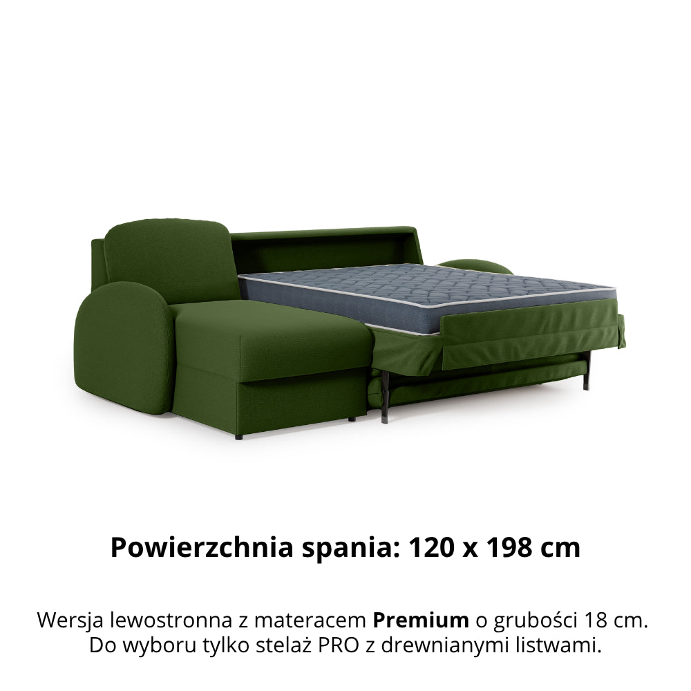Narożnik BELLA z funkcją spania codziennego stelaż włoski z materacem 120cm i pojemnikiem na pościel lewostronny