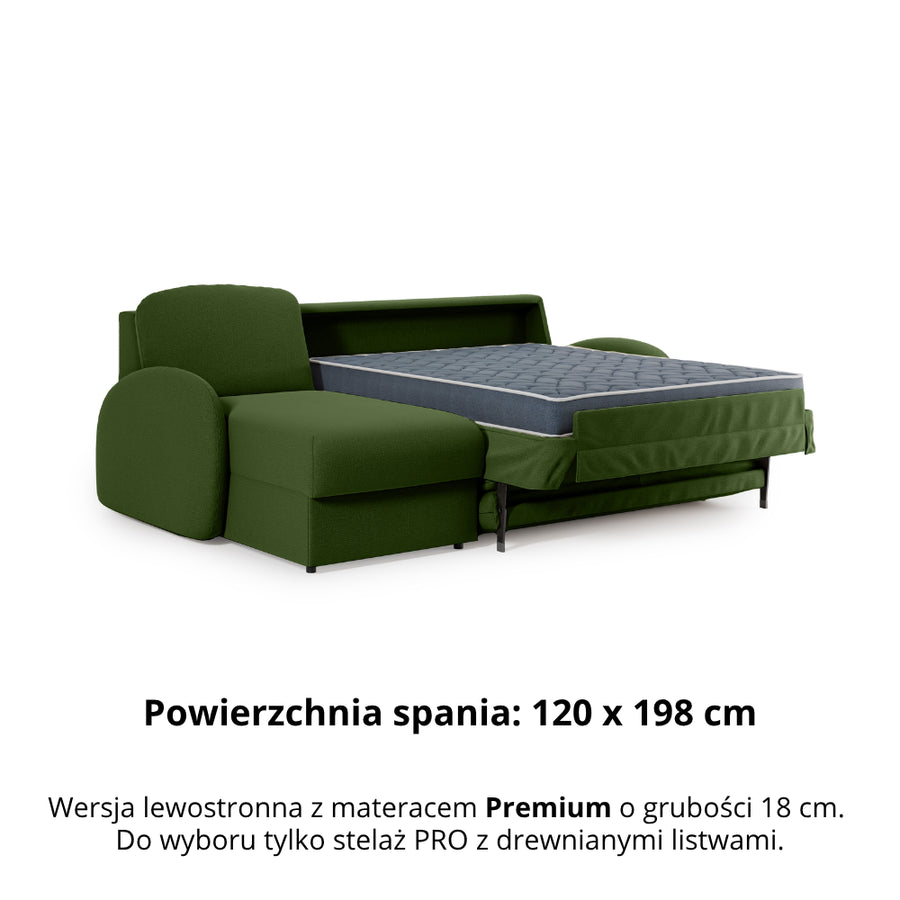 Narożnik BELLA z funkcją spania codziennego stelaż włoski z materacem 120cm i pojemnikiem na pościel lewostronny