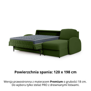 Narożnik BELLA z funkcją spania codziennego stelaż włoski z materacem 120cm i pojemnikiem na pościel prawostronny