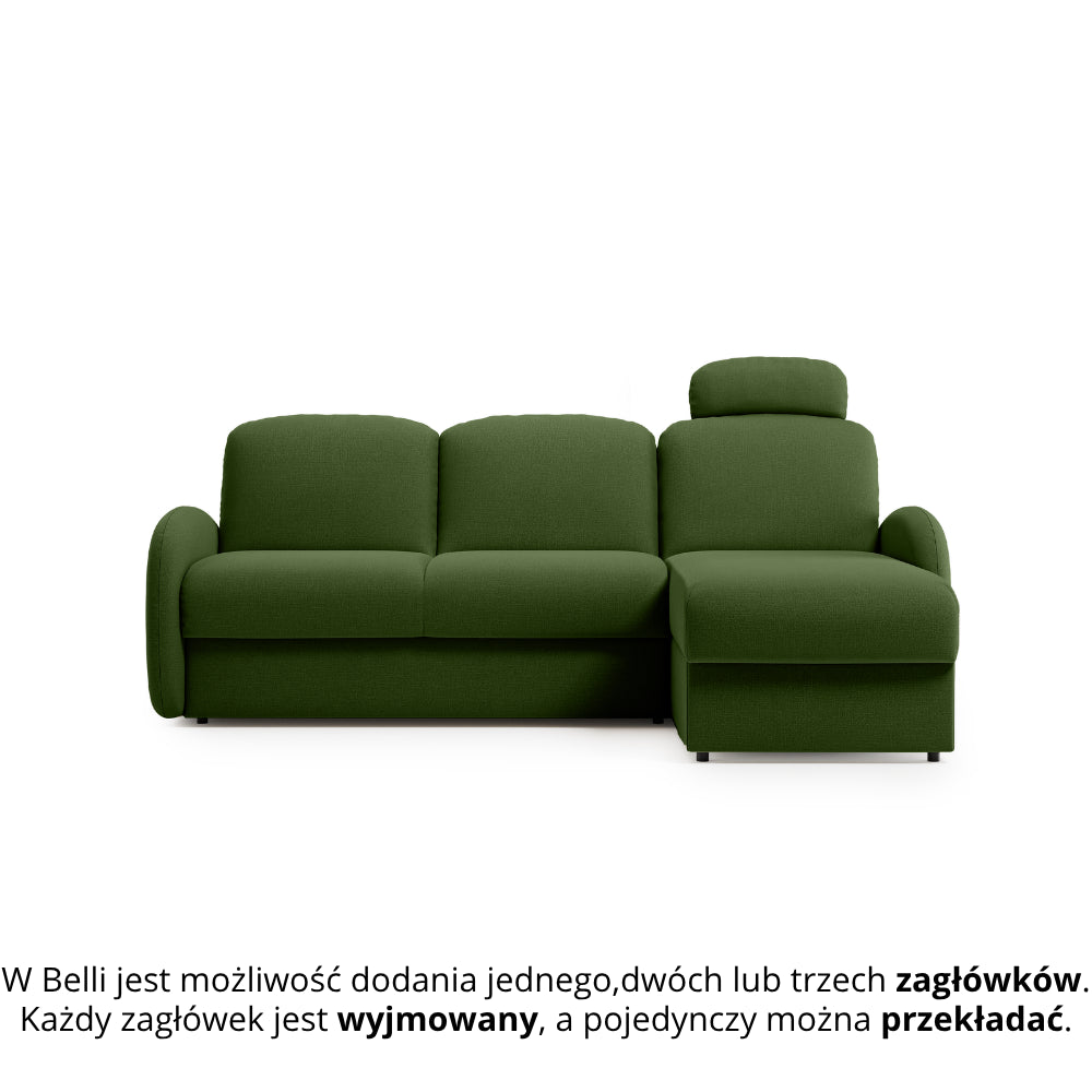 Narożnik BELLA z funkcją spania codziennego stelaż włoski z materacem 120cm i pojemnikiem na pościel prawostronny