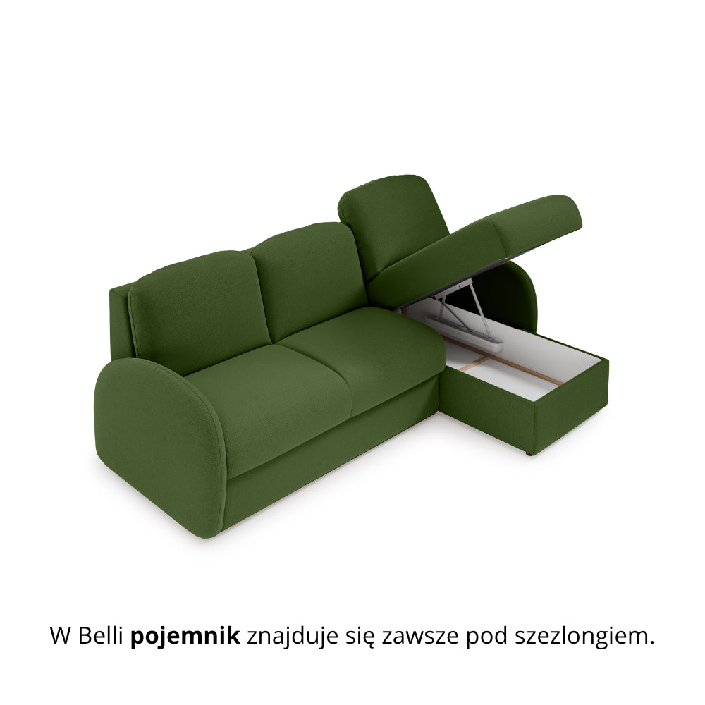 Narożnik BELLA z funkcją spania codziennego stelaż włoski z materacem 120cm i pojemnikiem na pościel prawostronny
