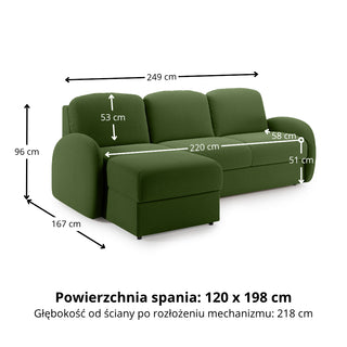 Narożnik BELLA z funkcją spania codziennego stelaż włoski z materacem 120cm i pojemnikiem na pościel lewostronny