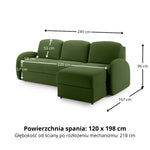 Narożnik BELLA z funkcją spania codziennego stelaż włoski z materacem 120cm i pojemnikiem na pościel prawostronny