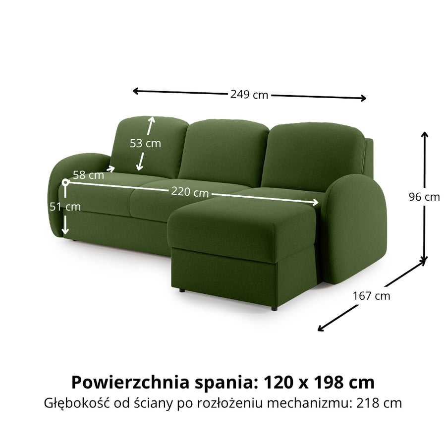 Narożnik BELLA z funkcją spania codziennego stelaż włoski z materacem 120cm i pojemnikiem na pościel prawostronny