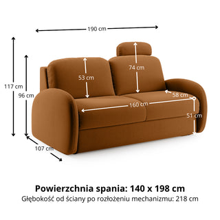 Sofa BELLA 2,5 osobowa z funkcją spania stelaż włoski z materacem 140 cm