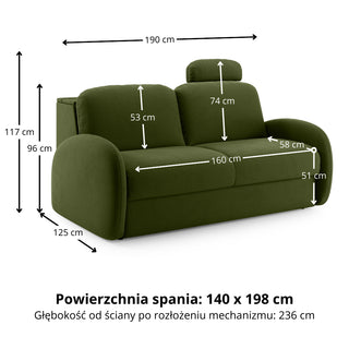 Sofa BELLA 2,5 osobowa z funkcją spania stelaż włoski z materacem 140 cm i pojemnikiem