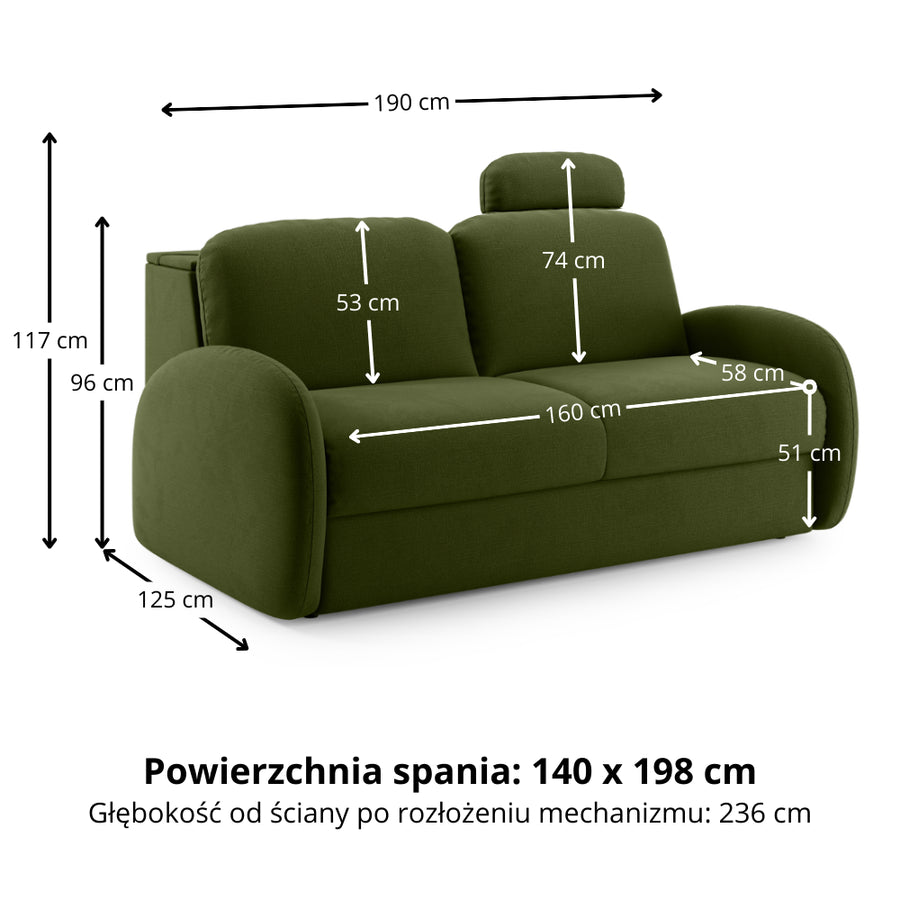 Sofa BELLA 2,5 osobowa z funkcją spania stelaż włoski z materacem 140 cm i pojemnikiem