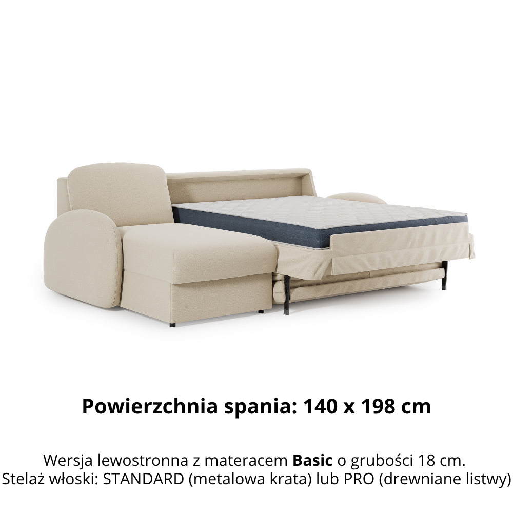 Narożnik BELLA z funkcją spania codziennego stelaż włoski z materacem 140cm i pojemnikiem na pościel lewostronny