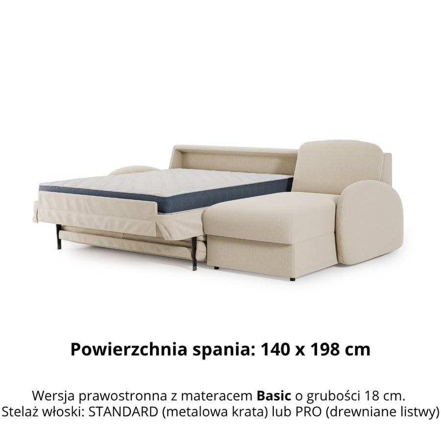 Narożnik BELLA z funkcją spania codziennego stelaż włoski z materacem 140cm i pojemnikiem na pościel prawostronny