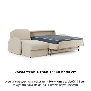 Narożnik BELLA z funkcją spania codziennego stelaż włoski z materacem 140cm i pojemnikiem na pościel lewostronny