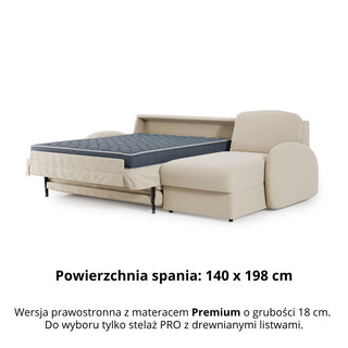 Narożnik BELLA z funkcją spania codziennego stelaż włoski z materacem 140cm i pojemnikiem na pościel prawostronny