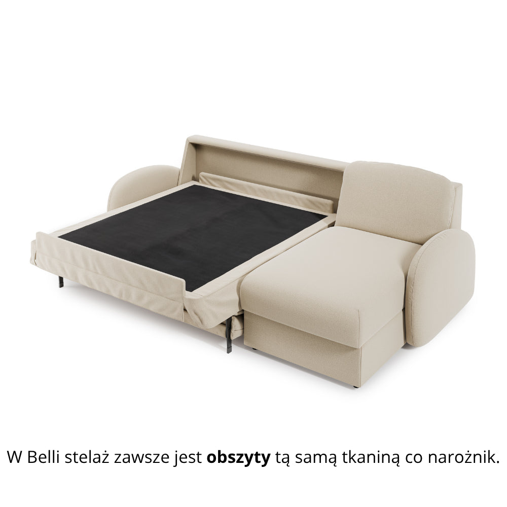 Narożnik BELLA z funkcją spania codziennego stelaż włoski z materacem 140cm i pojemnikiem na pościel prawostronny