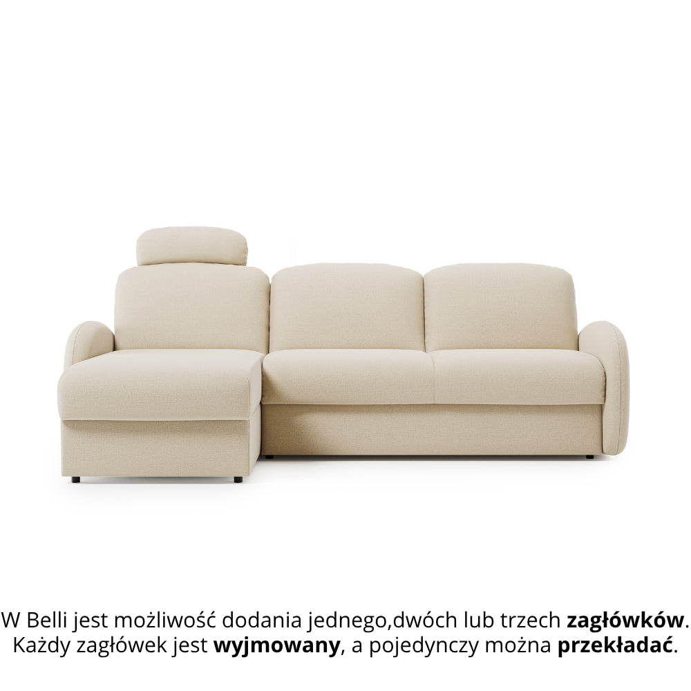 Narożnik BELLA z funkcją spania codziennego stelaż włoski z materacem 140cm i pojemnikiem na pościel lewostronny