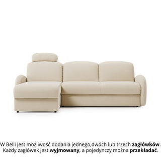 Narożnik BELLA z funkcją spania codziennego stelaż włoski z materacem 140cm i pojemnikiem na pościel lewostronny