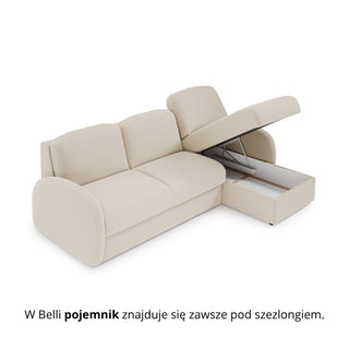 Narożnik BELLA z funkcją spania codziennego stelaż włoski z materacem 140cm i pojemnikiem na pościel prawostronny
