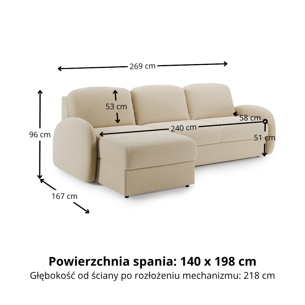 Narożnik BELLA z funkcją spania codziennego stelaż włoski z materacem 140cm i pojemnikiem na pościel lewostronny