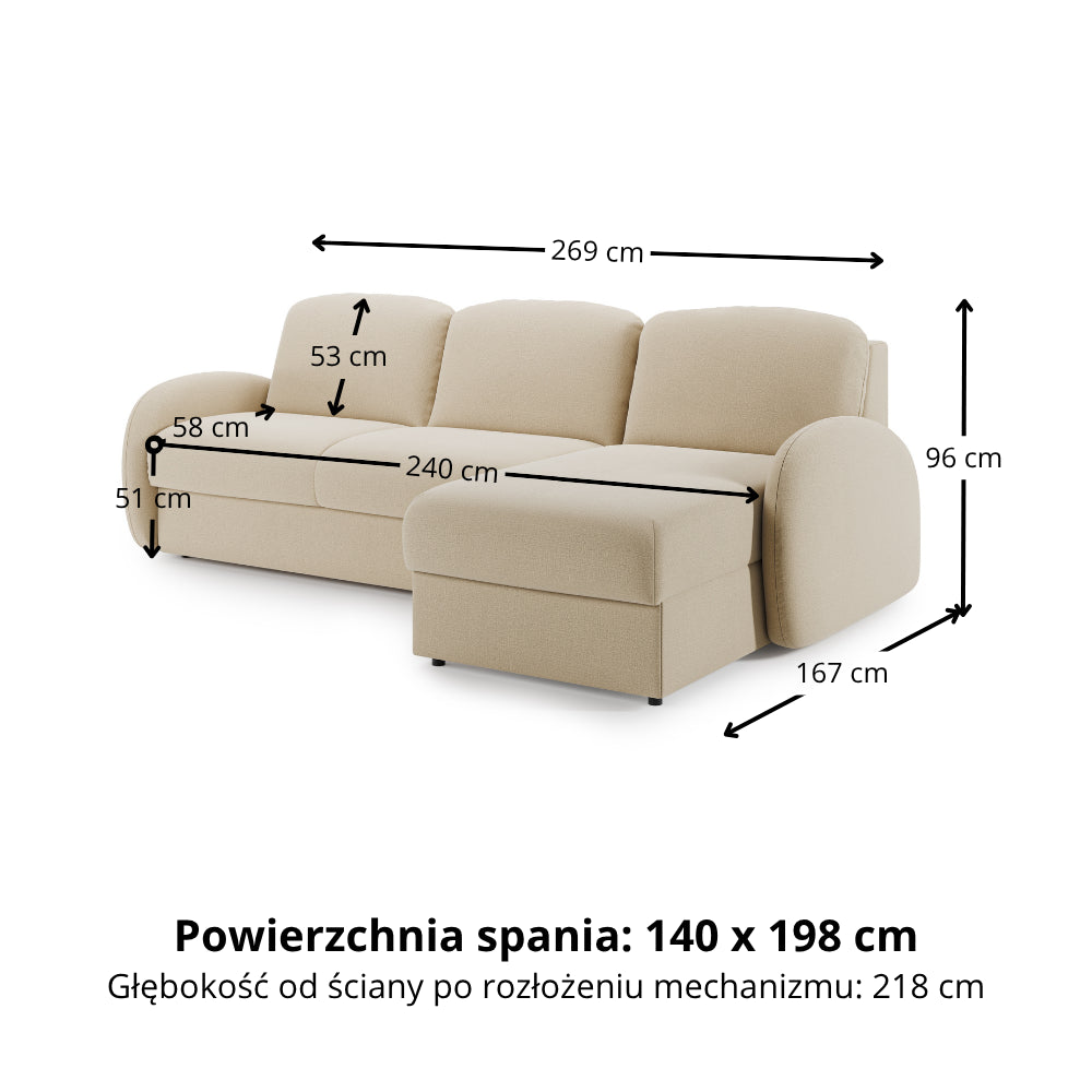 Narożnik BELLA z funkcją spania codziennego stelaż włoski z materacem 140cm i pojemnikiem na pościel prawostronny