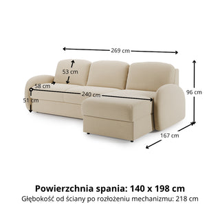 Narożnik BELLA z funkcją spania codziennego stelaż włoski z materacem 140cm i pojemnikiem na pościel prawostronny